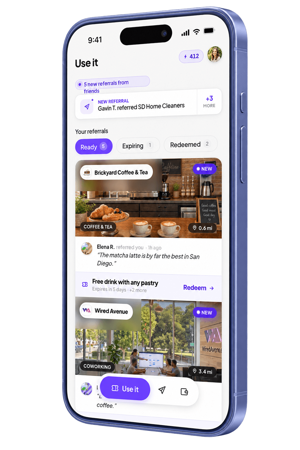 The Referit app showing referrals from friends